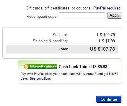 Image of portion of cashback checkout on eBay